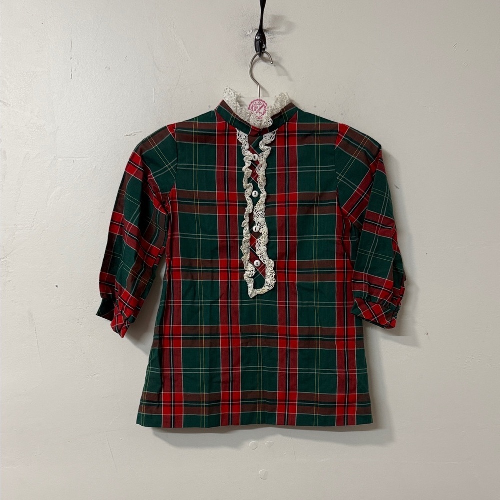 Girls' Red & Green Plaid Ruffle-Front Top vintage